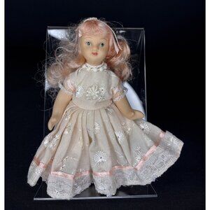 Vintage Porcelain Blonde Blue Eyes Doll Floral Lace Dress Victorian Strawberry
